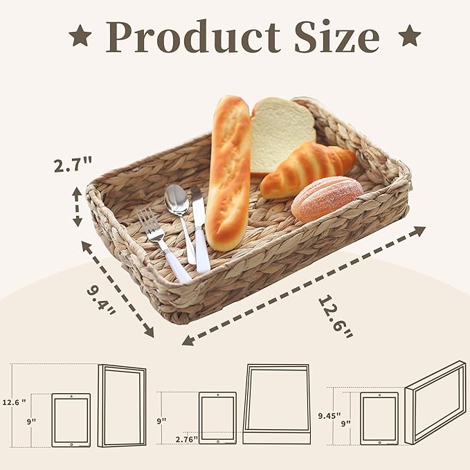 Water Hyacinth Woven Serving Tray Rectangular Hand-Woven Wicker Storage Trays for Coffee/Breakfast/Dessert/Fruit/Bread (Original Color - Small)