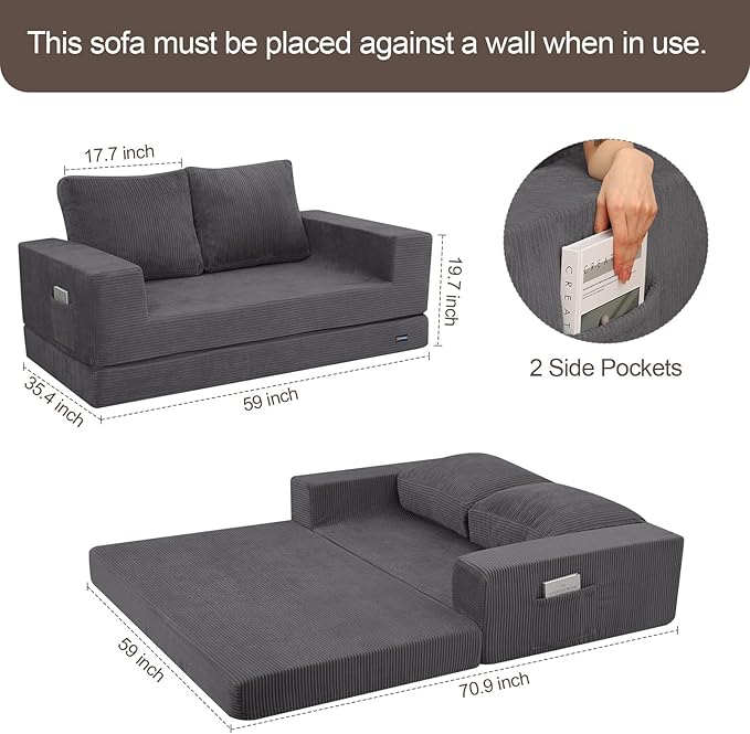 COMAX Convertible Sofa Bed Queen, Folding Fold Out Couch Bed, Floor Futon Couch Corduroy with Back Pillows, Boneless Sofa Comfy Lounge Sleeper Mattress Loveseat for Living Room Bedroom, Grey