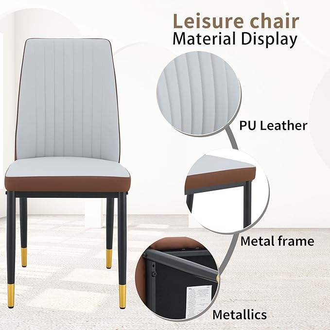 Modern Dining Table Set for 6, Marble Kitchen Table Chair Set for 6, Rectangular Kitchen Table with 6 Pu Leather Upholstered Chair for Dining Room