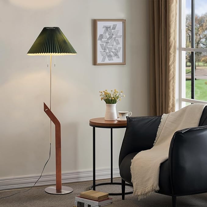 Floor Lamps for Living Room,Mid Century Modern Wood Large Floor Lamp,Height Adjustable Study Room,Bedroom,Office Tall Standing Floor Lamp,Green Pleated Lampshade