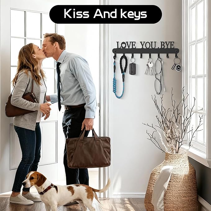 Key Holder for Wall - 'Love You Bye' Key Hooks,Key Holder Wall Mount Self Adhesive, Key Rack Wall Mount for Wall No Drill for Living Room, Kitchen, Bathroom, Garage (White, 6 Hooks)