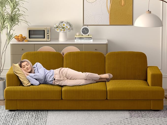 WiberWi 87 inch Couches for Living Room, Comfy 3 Seater Sofa with Deep Seat, Modern Corduroy Couch with Wide Armrests, Upholstered Backrests with Removable Cover, Mustard