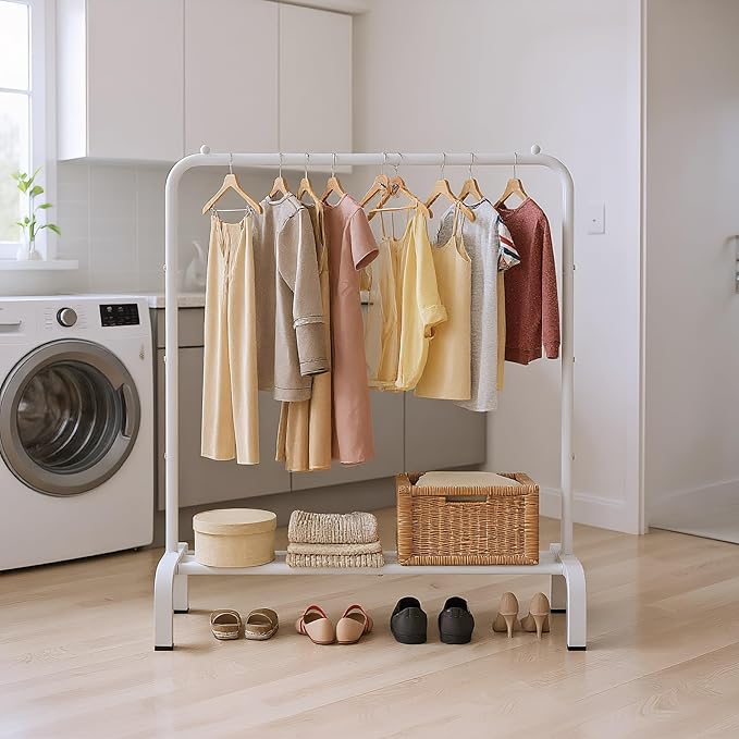 JIUYOTREE Standard Clothes Clothing Garment Rack with Storage Shelves Clothes Organizer for Hanging Clothes Coat Jacket Shirt Sweater Jeans White