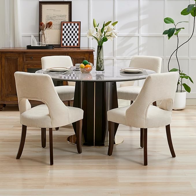 UVV Wooden Dining Chairs Set of 2, Mid Century Modern Fabric Upholstered Dining Room Chair Kitchen Chairs, Farmhouse Dinner Chair with Solid Wood Legs for Kitchen Dining Room, Beige