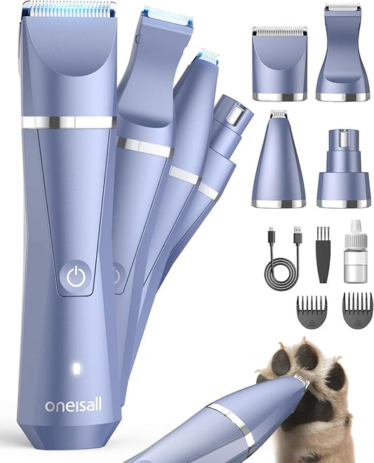 oneisall Dog Paw Trimmer 4 in 1, Low Noise Dog Clippers for Grooming, Cordless Dogs Grooming Kit Nail Grinder, IPX7 Waterproof Puppy Shaver for Pets's Paws, Eyes, Ears, Face, Rump