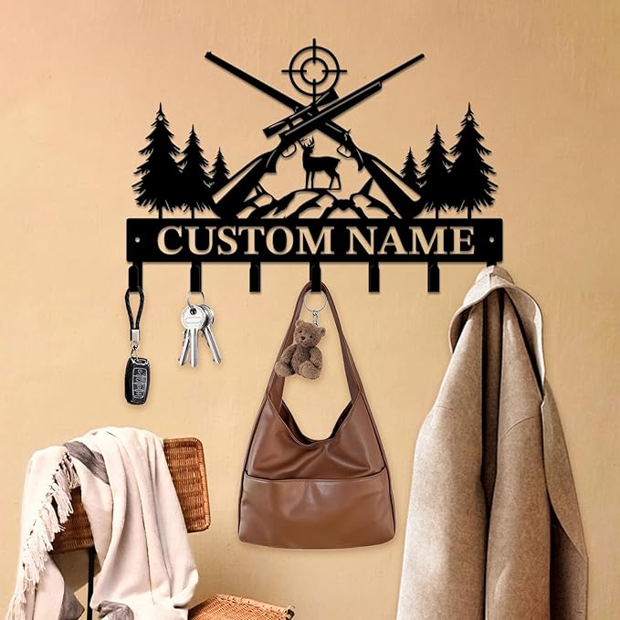 Personalized Custom Name Hunting Deer Wall Key Hooks,Metal Hunting Art Clothes Hooks,Metal Hunting Wall Home Storage Decorative,Hunter For Front Door, Hallway, Kitchen, Bedroom,Keys,Hats (Style K)
