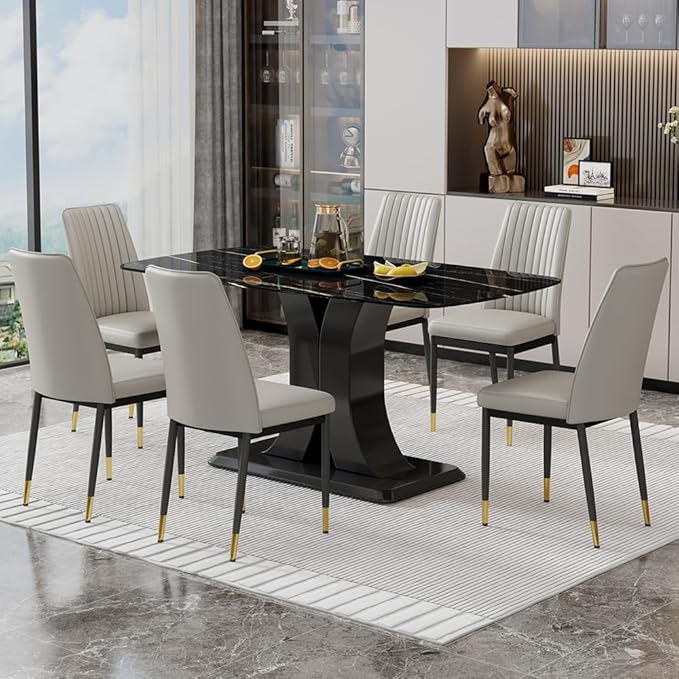 Modern Dining Table Set for 6, Marble Kitchen Table Chair Set for 6, Rectangular Kitchen Table with 6 Pu Leather Upholstered Chair for Dining Room (Light Grey)