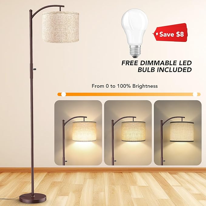 ROTTOGOON Dimmable Floor Lamp, Arc Floor Lamps for Living Room, Stepless Dimming Modern Standing Lamp with Linen Shade, Tall Lamp for Bedroom Office Dining Room- Brown