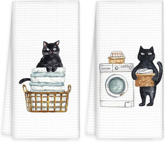 Funny Black Cat Hand Towels Set of 2, Gifts for Black Cat Owners Lovers Women Men, Cute Kitten Pet Decor for Bathroom, Funny Pet Lovers Laundry Hand Towels for Bathroom Washroom,16x24In