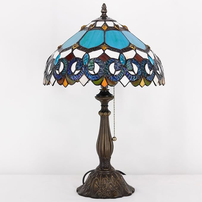 Tiffany Table Lamp Stained Glass Lamp 12X12X19 Inch Antique Reading Light (Blue Jewelry Baroque)