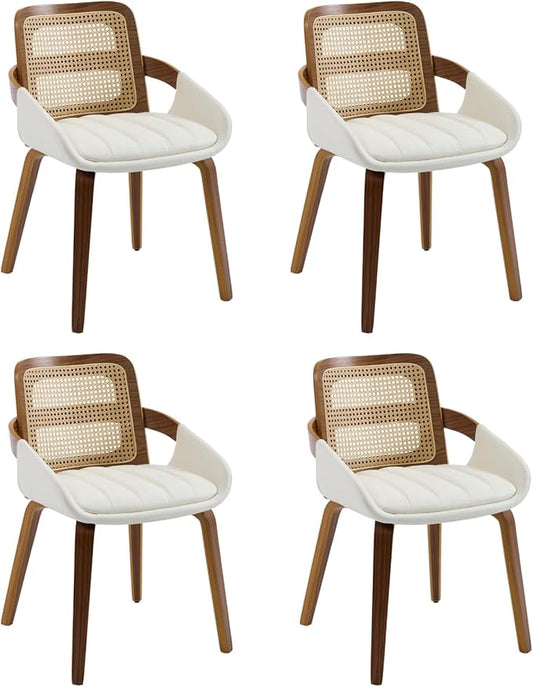 DUOMAY Modern PU Leather Dining Chairs Set of 4, Cane Back Room Chairs with Solid Wood Legs Kitchen Chairs for Living Room, Restaurant, White