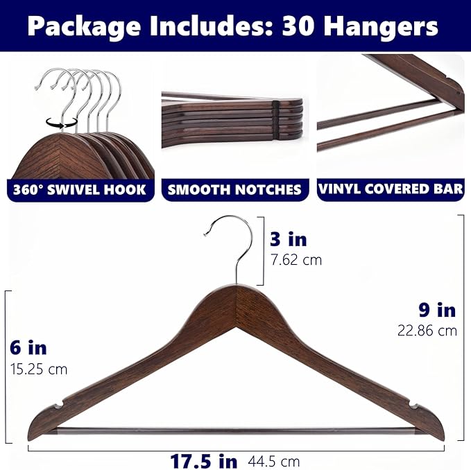 Amber Home 30-Pack Vintage Wooden Coat Hangers, Walnut Wood Suit Hangers with Non-Slip Pant Bar for Shirts, Jackets, Dresses, Pants - Retro