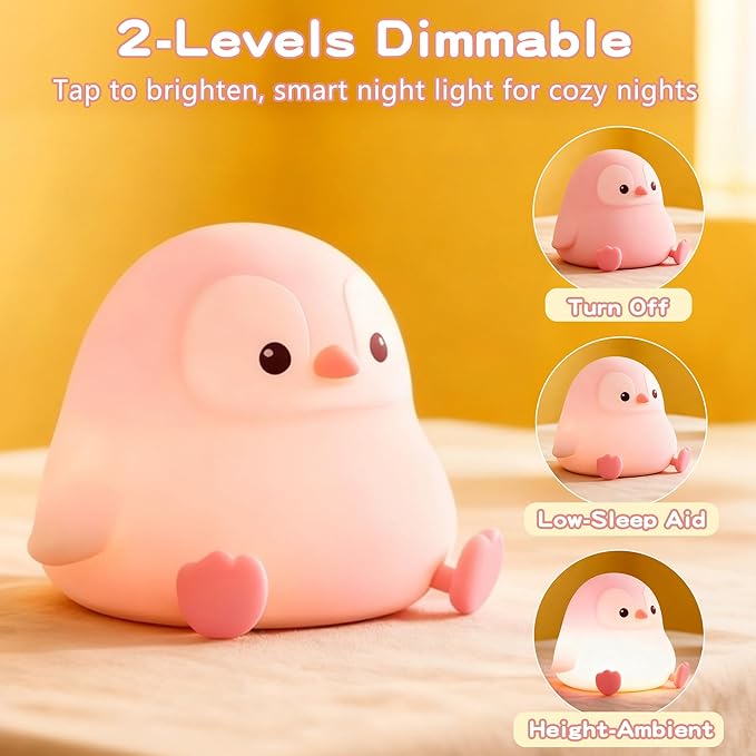 Penguin Night Light for Kids,Cute Pink Penguin Lamp,Soft Silicone Nursery Nightlight,LED Squishy Novelty Animal Bedside Lamp,Rechargeable/Dimmable/Timer,Room Deco,Christmas Gifts for Mom Girls Baby