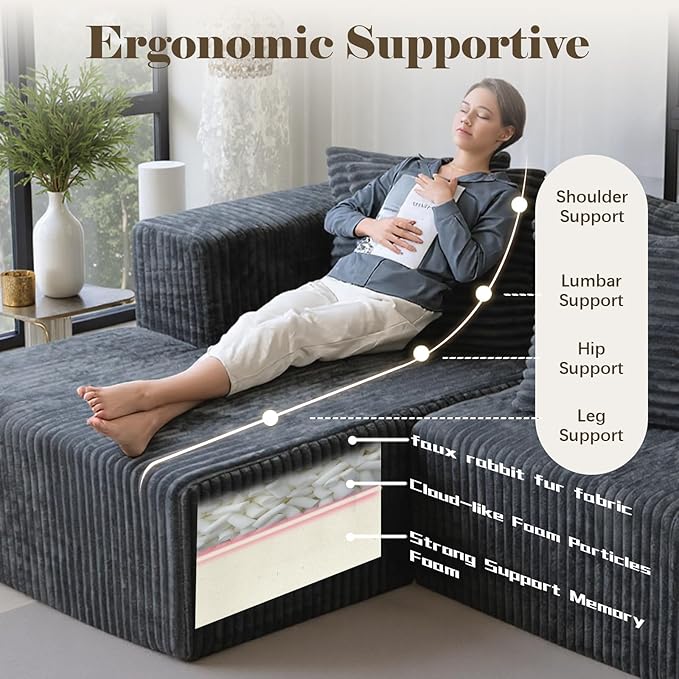 106'' Boneless Couches for Living Room, L Shaped Modular Sectional Sofa with Chaise Lounge, Faux Rabbit Fur & Layered Cushion Deep Seat Cloud Couch, No Assembly (Dark Grey, 130 U Shaped)