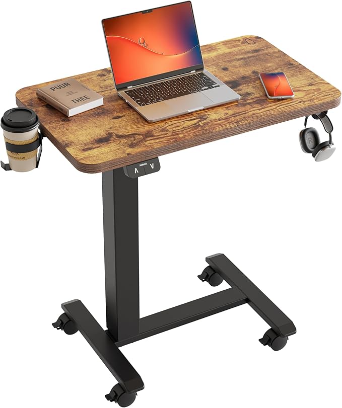 Agilestic Portable Standing Desk Height Adjustable, Mobile Table with Wheels, Small Size Sit Stand Table for Laptops, Rolling Desk for Home, 26" x 15.7"Computer Workstation, Rustic Brown