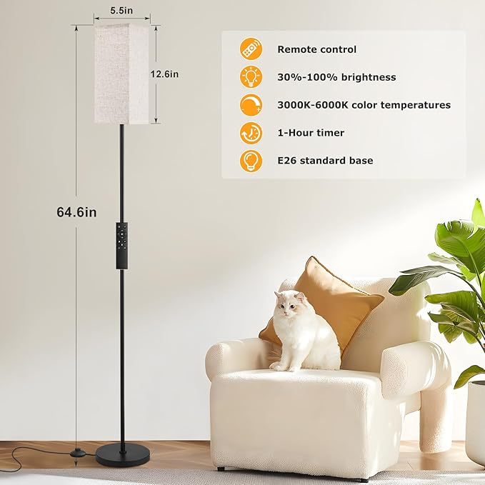 Ambimall 64'' Modern Floor Lamp with Remote, Tall Lamps for Living Room, Bedroom, Office, Dining Room, Beige Square Shade with Black Pole(Included Bulb)