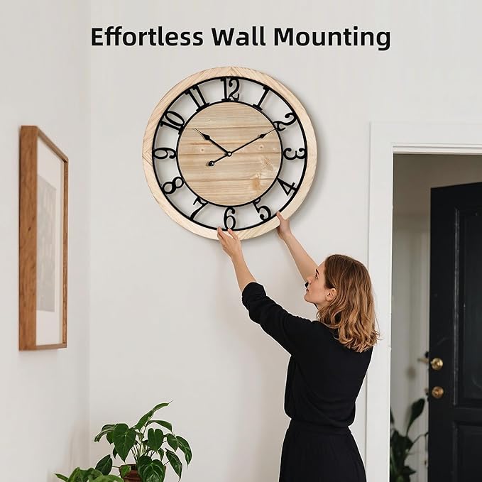 Maxstar 30'' Wall Clock for Living Room Decor, Silent Rustic Wooden Farmhouse Wall Clock with Metal & Real Wood Frame, Battery Operated, for Kitchen Bedroom Office, Arabic Numerals