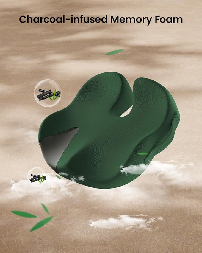 ProtoArc Seat Cushion, Office Chair Cushion for Sciatica, Coccyx Cushion, Ergonomic Memory Foam Seat Cushion for Car, Home, Pressure Relief Pad for Hip, Tailbone, All Day Comfort - Dark Green