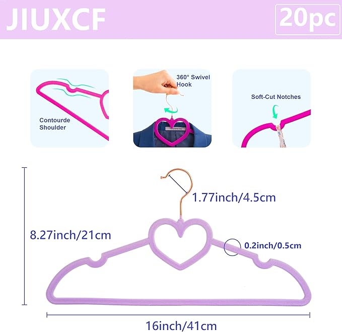 Velvet Hangers 20 Pack, 360° Swivel Rose Gold Hooks, 16" Non Slip Heart Hanger, Thin Clothes Hangers, Durable & Cute Felt Hanger for Adult (Light Purple)