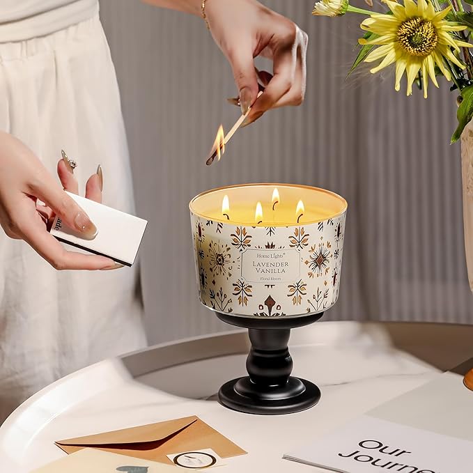 HomeLights Large jar Candle | 4-Wick Long-Lasting Scented Candles, 18oz Natural Soy Wax Candle for Home Scented, Bohemian Natural Textures Gifts for Women & Men, Lavender Vanilla