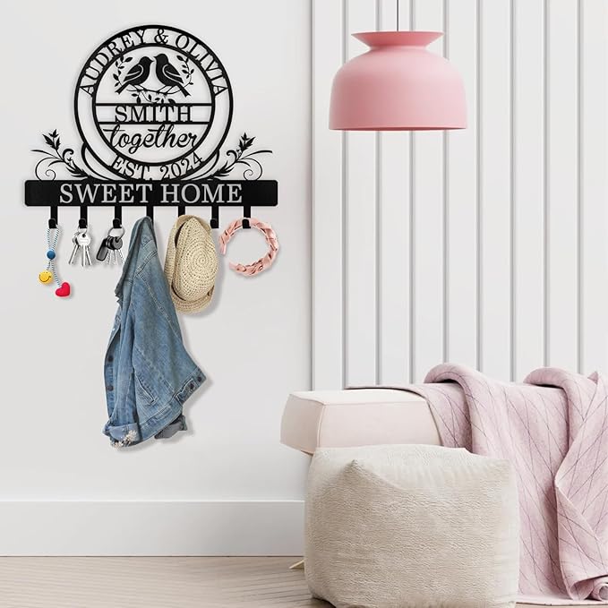 Personalized Key Holder for Wall | Metal Key Rack Wall Mount with Couple's Name | Key Rack Coat Rack Organizer | Key Hooks Wall Decorative for Bedroom Entryway Hallway | Wedding Gifts