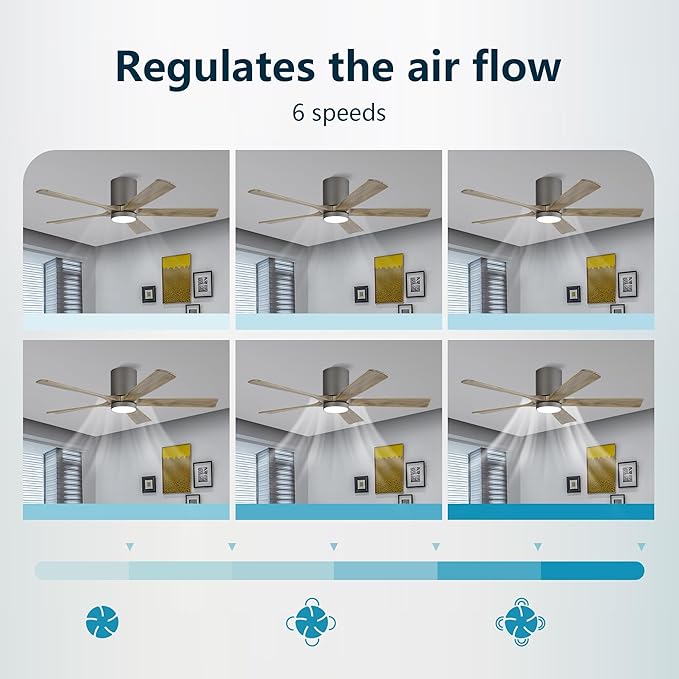 ELEHINSER 52 inch Low Profile Ceiling Fan with Light, 5 Solid Wood Blades, 6-Speeds, Quiet DC Motor, Timer, Flush Mount Modern Ceiling Fan with Remote for Living Room Bedroom, Charcoal Grey