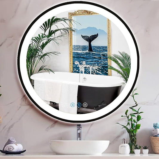 30 Inch Black Frame Bathroom Round Lighted Vanity Mirror with Lights for Bathroom Wall 30 Inch Black Round LED Mirror Antifog 3 Color Dimmable 30" Smart Makeup Light up Circle LED Mirrors