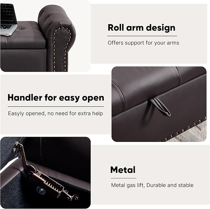 Storage Bench for Bedroom, 51" Upholstered End of Bed Bench, Faux Leather Queen Size Benches with Rolled Arms, Tufted Button Storage Long Ottoman, Living Room, Entryway, Coffee