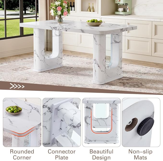 64.5" White Dining Table Set for 6, Modern Kitchen Table and Chairs Set with PU Leather Cushioned Chairs & Decorative Pedestal Base, 7 Piece Marble Pattern Dining Table Set for Dining Room or Kitchen