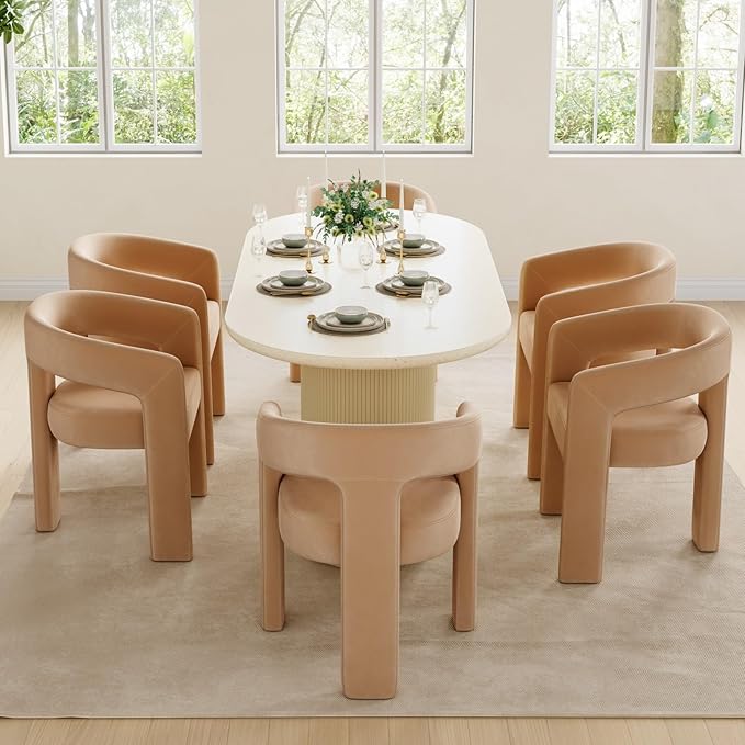 Set of 4 Modern Velvet Fabric Upholstered Dining Chairs with Open-Back, Cute Barrel Side Chairs Kitchen Armchair Accent Chairs for Dining Room Bedroom, Khaki