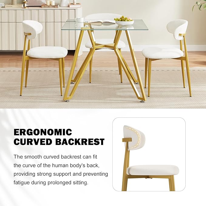 Velvet Dining Chairs Set of 2, Modern Kitchen Chairs with Curved backrests and Metal Legs, Upholstered Dining Chairs for Dining Room,White and Gold