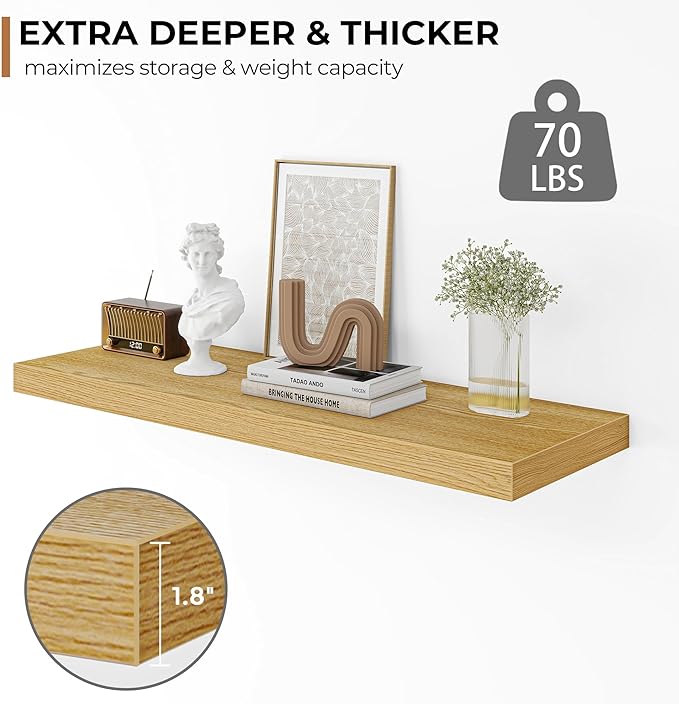 Fun Memories Floating Shelves - 2 Pack 12 Inch Deep Rustic Wooden Wall Shelves - Extra Deeper & Thicker Wall Mounted Storage Shelf for Living Room, Kitchen, Farmhouse - 36" W x 12" D x 1.5" H - Oak