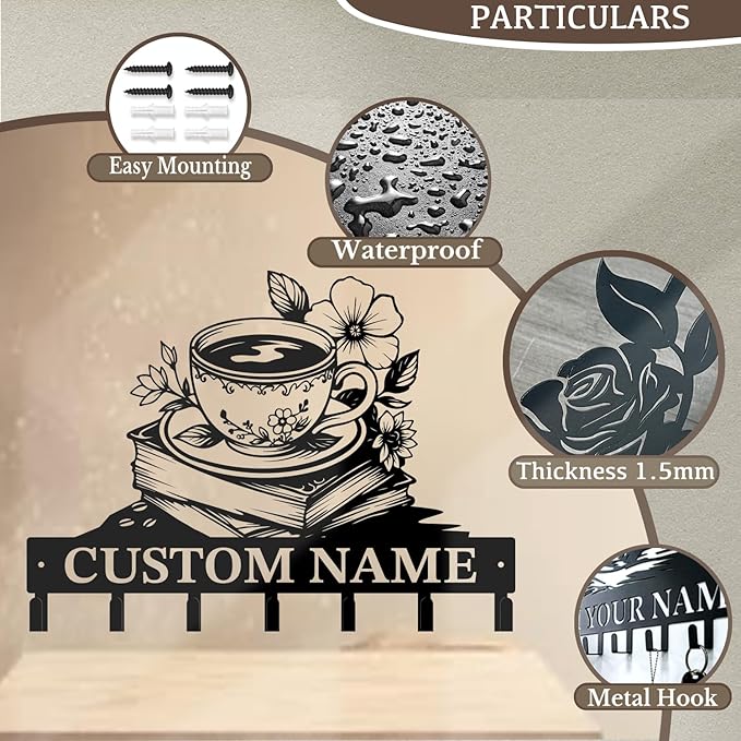 Coffee Bar Keys Holder - Metal Iron Wall Hooks with Custom Name | Personalized Home Decor & Gift Idea | Coffee-Themed Text Engraving Design (Style C)