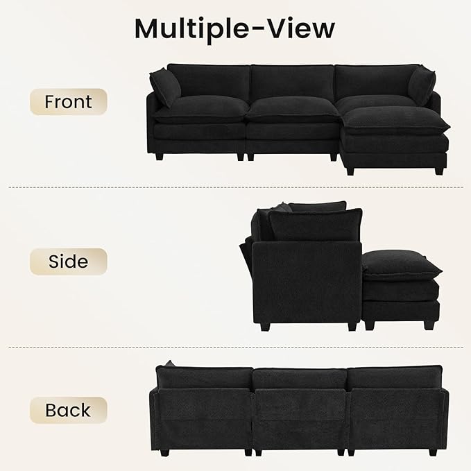 ROWHY Oversized Modular Sectional Couch with Movable Ottoman, 112" Modern Convertible L Shaped Sofa Set, 4 Seat Comfy Cloud Couch with 2 Throw Pillows, for Living Room and Office, Chenille, Black