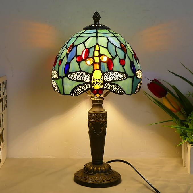 Tiffany Lamp Stained Glass Table Lamp 7.9X7.9X14.2 Inches Dragonfly Style Desk Reading Light