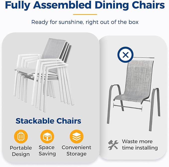 5 Piece Aluminum Outdoor Patio Dining Sets with Fully Assembled Dining Chair，91.3"L×39.4"W Expandable Patio Table and Chairs Set for 4, Stackable Chairs with Quick Drying Fabric, White