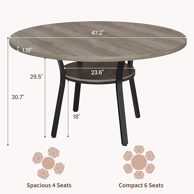 IDEALHOUSE Round Dining Table for 4-6, 47 Inch Kitchen Table with Sturdy Metal Frame, Space Saving Circle Dining Room Table for Small Space (Table Only), Grey