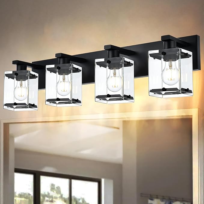 4-Light Bathroom Vanity Light Fixture, Modern Black Wall Lighting Over Mirror with Rectangular Clear Glass, E26 Bulb Base