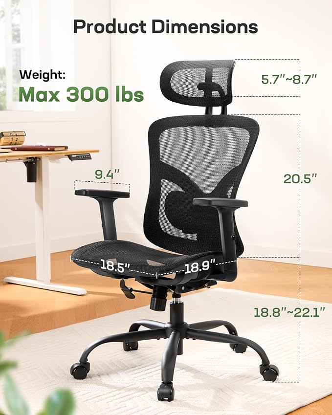 Marsail Ergonomic Mesh Office Chair,Ergonomic Dsk Chair with 2D Headrest,Adjustable Lumbar Support & Up and Down Armrest