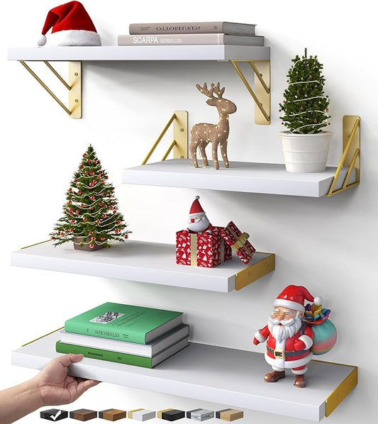 BAYKA Wall Shelves for Bedroom Decor, Floating Wall Shelf for Living Room Kitchen Storage, Mounted Rustic Wood Shelves for Kids Books, Christmas Decorations for Room(White and Gold，Set of 4)