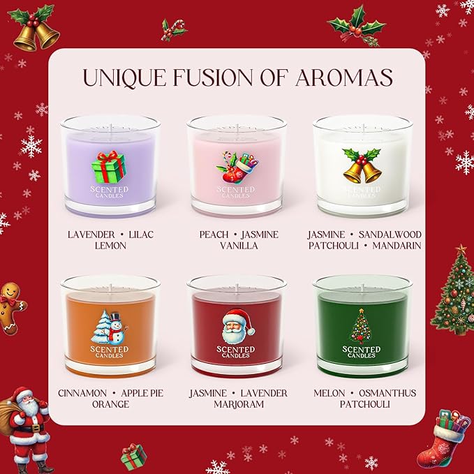 Christmas Candles, Scented Candles Gift Set for Stress Relief, 6 Votive Candles for Women and Men, Christmas Candle Gifts for Women (6 Colors, 14 oz)