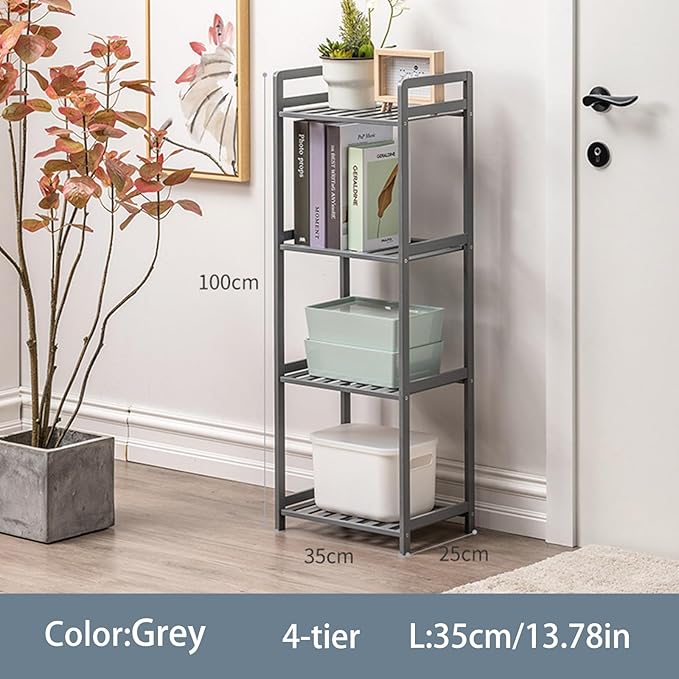 Bamboo Shelf, 4-Tier Bookcase Storage Shelves, Small Book Rack Shelving Unit, Multipurpose Storage Display Shelf for Bathroom Kitchen Living Room Office, 25W x 35D x 100H (4-Tier Grey)