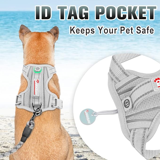 BARKBAY No Pull Dog Harness Large Reflective Dog Harness with Front Clip and Easy Control Handle for Walking Training Running with ID tag Pocket(Grey,XL)