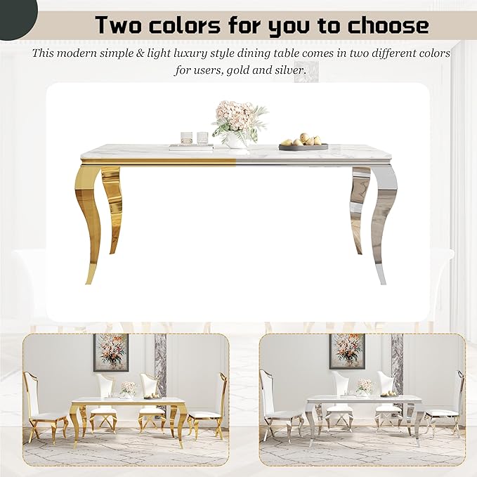 7-Piece Dining Table Set for 6, Modern Dining Room Set with 70'' Marble Dinner Table and 6 High-Back Upholstered Chairs, Stainless Steel Legs Table & Chair Set for Kitchen, White & Gold