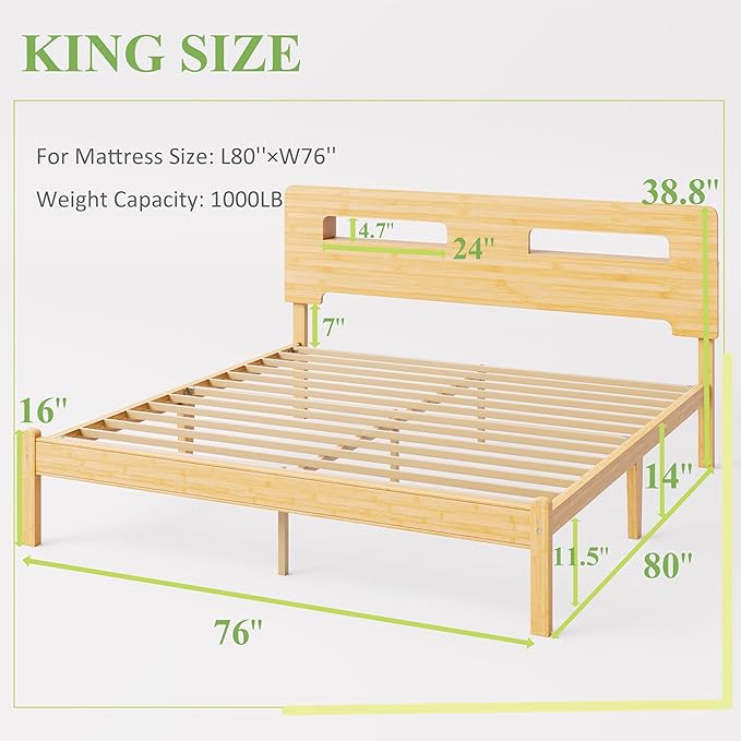 ZIYOO Solid Bamboo Wood King Size Bed Frame with Storage Headboard, 14 inch Platform King Bed Frame No Box Spring Needed with Steel Slats, Sturdy and Stable, Easy Assembly, Noise Free