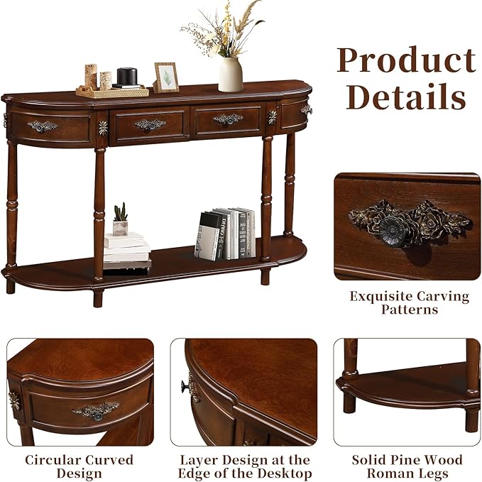 HMFULE Retro Curved Console Table, 52" Half Moon Console Table Sofa Table Entryway Table with 2 Drawers 1 Open Shelf Solid Pine Legs for Living Room,Entryway,Hallway,Cherry