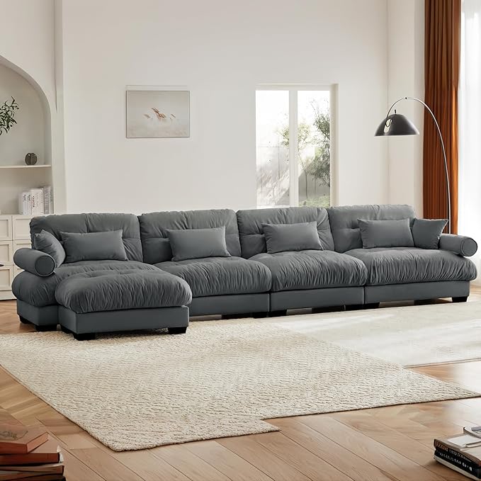 166" Grey Modular Sectional Sofa, 4 Seater Large Sectional Couches for Living Room, Velvet Fabric Oversized Fluffy Cloud Couch with Ottoman, Deep Seat Home Sofas Set, Sofá Moderno, L Shaped