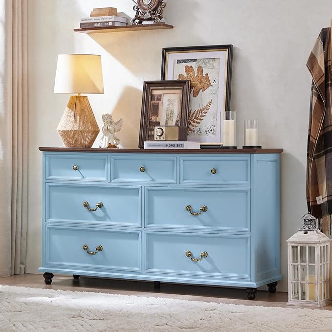 24" Wide Farmhouse Nightstand with Charging Station Set of 2,54" 7 Drawers Dresser, 37" Tall Rustic Chests of Drawers, Farmhouse Furniture Series for Bedroom,LightBlue