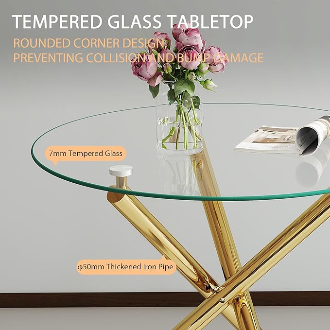 36" Round Glass Dining Room Table for 4 with Tempered Glass Top and Gold Chrome Metal Tube Legs, Modern Clear Kitchen and Dinner Table for Home Office Dining Room