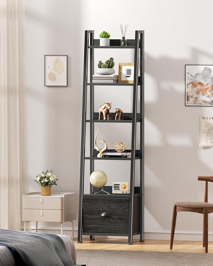 Furologee 6 Tier Ladder Shelf,Ladder Bookshelf with Drawer,Industrial Tall Bookcase,Storage Rack Organizer,Wood Metal Freestanding Shelves for Living Room, Home Office, Bedroom,Black Oak